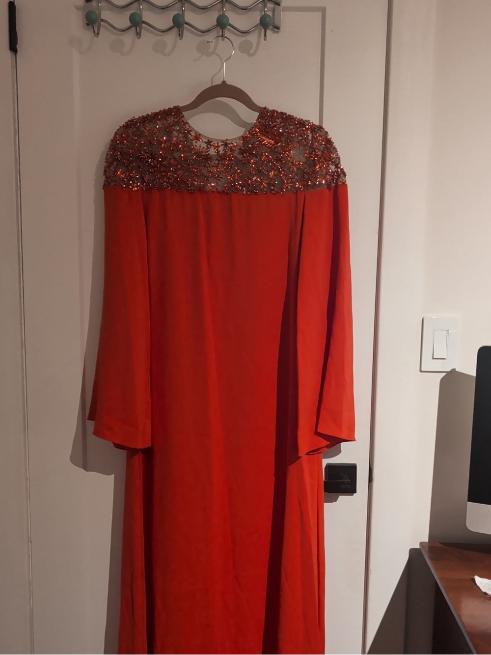 Oscar de la Renta Beaded Orange Long-Sleeve Kaftan Gown